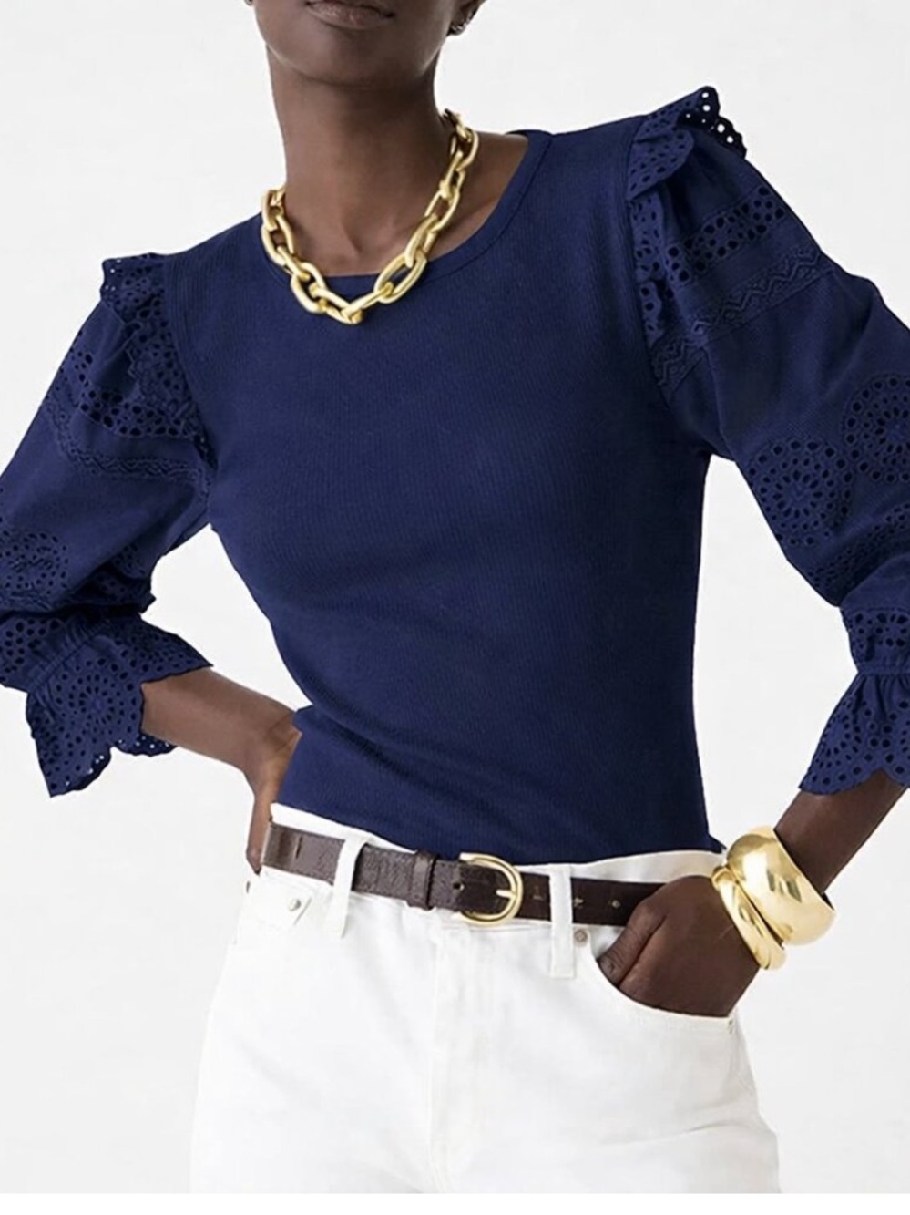 J. CREW WOMENS NAVY BLUE EYELET TOP BLOUSE RIBBED LARGE BT680